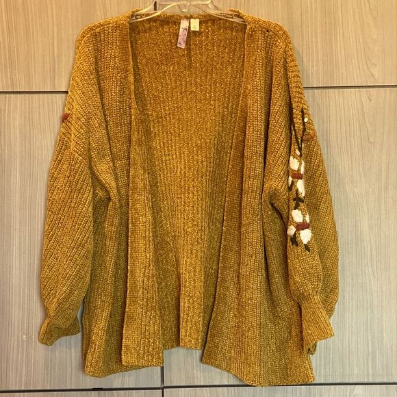 ALYA Cozy Sweater Cardigan Coat Mustard Embroidered  Large - Picture 1 of 5